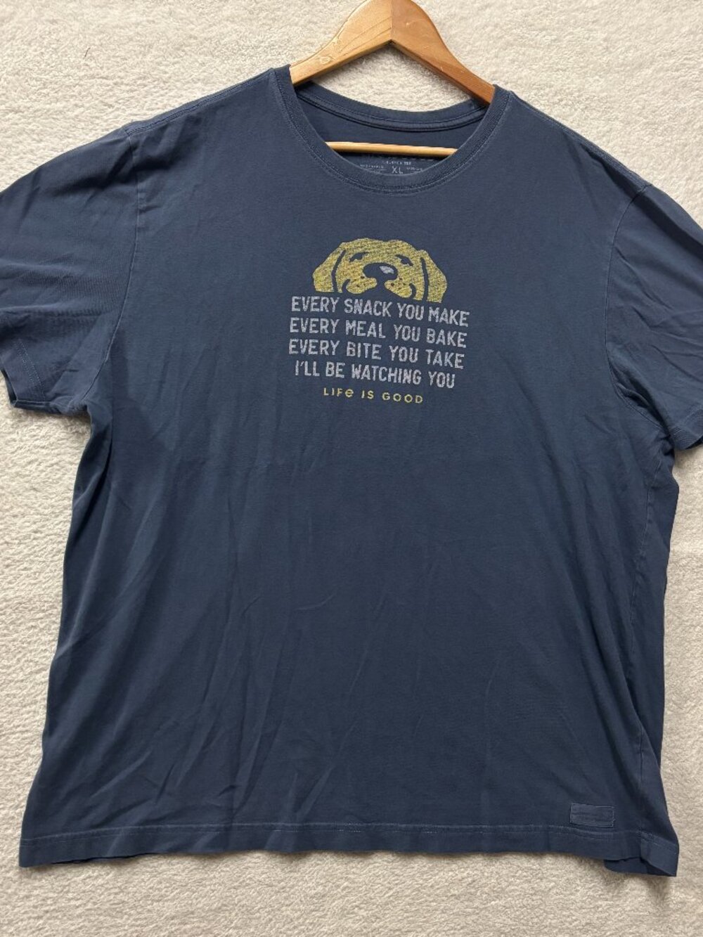 Life Is Good Crusher Tee Shirt Mens XL Blue Dog Every Snack You Make Graphic